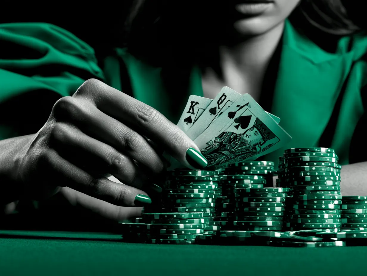 Mano con cartas sobre fichas de casino